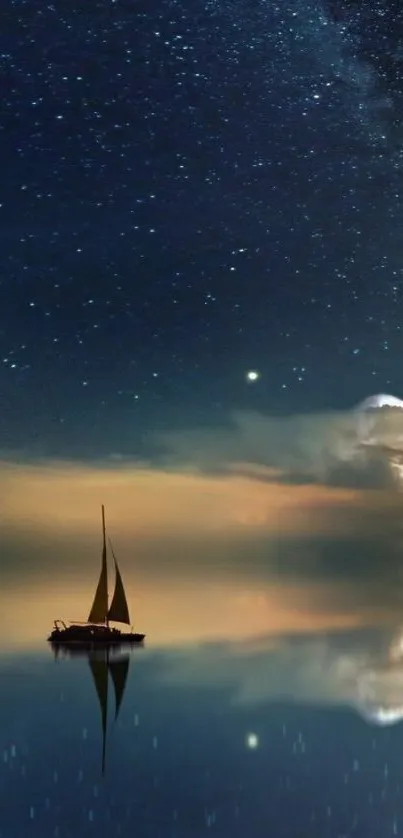 Starry night sky reflecting on an ocean with a sailboat.