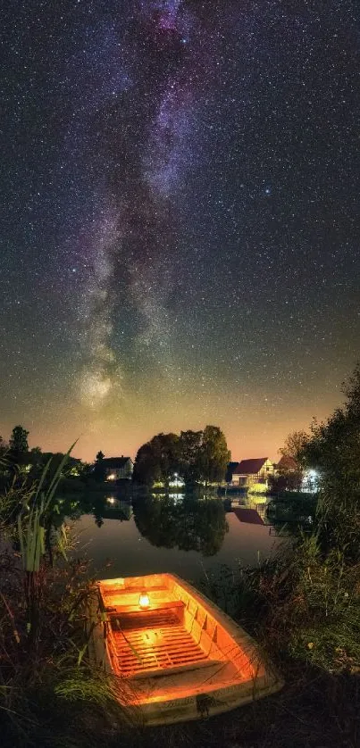 Starry night sky with a glowing boat on a calm lake.