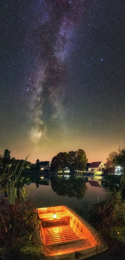 Milky Way galaxy shining over calm lake with a lone boat and trees at night.