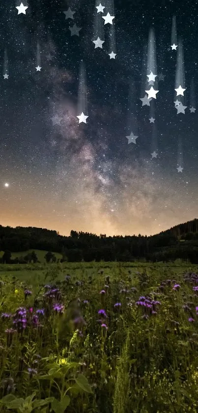 Starry night sky over a vibrant flower field