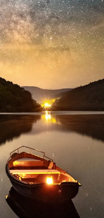 Boat on lake under starry night sky with Milky Way view.