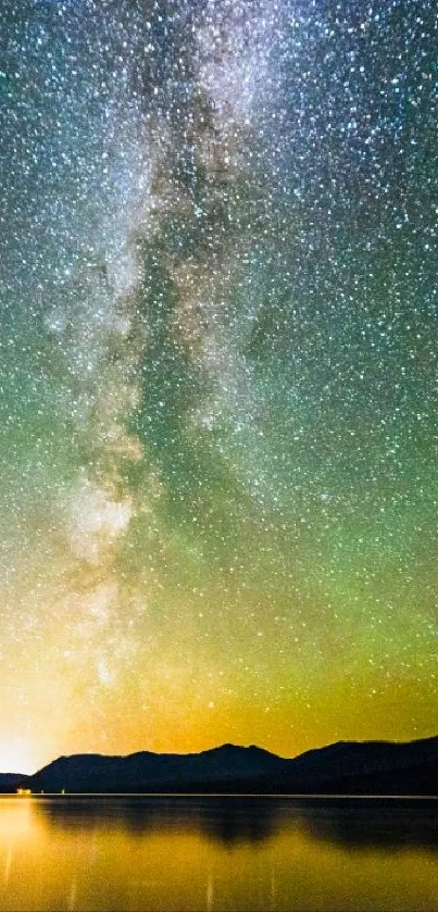 Starry night sky reflected over a calm lake landscape.