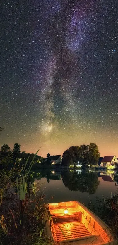 Serene lake under a starry night sky with glowing reflection.