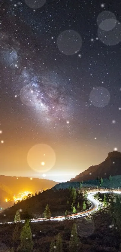 Starry night sky over a serene mountain road with glowing horizon.
