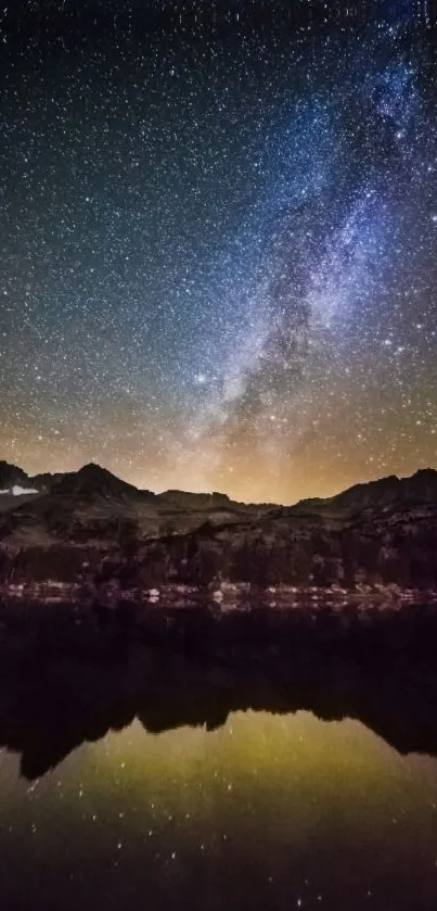 Starry night sky over mountains with Milky Way reflection in a calm lake.