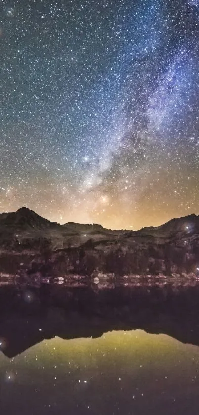 Starry night over mountain reflection with cosmic view.