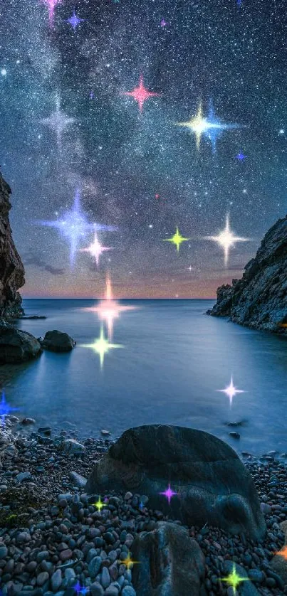 Starry night sky over a calm ocean with rocky cliffs. Perfect mobile wallpaper.