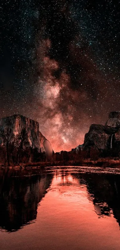 Starry night sky over a red canyon with Milky Way reflection.