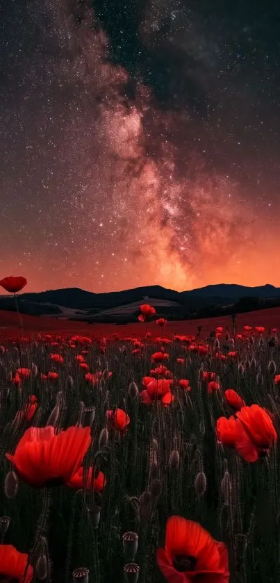 Vibrant red poppy field under a dazzling starry night sky with hills in the background.