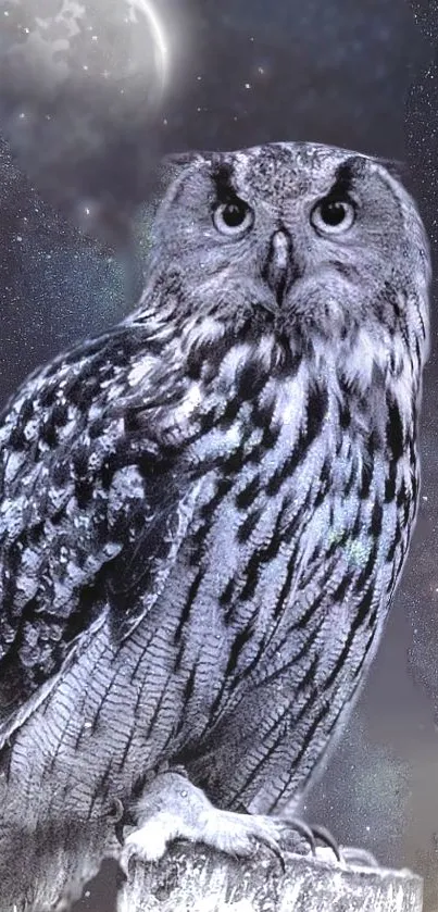 Owl perched under a starry night sky with cosmic views.