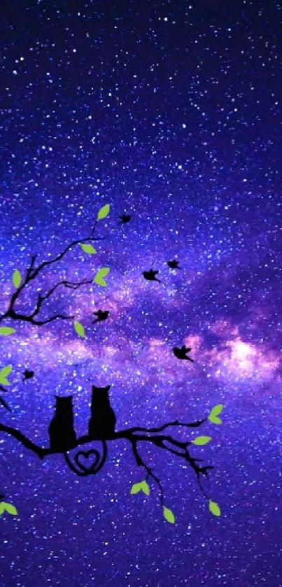 Owls on a branch against a starry purple night sky wallpaper.