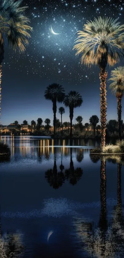 Palm trees reflecting under a starry night sky with serene water.