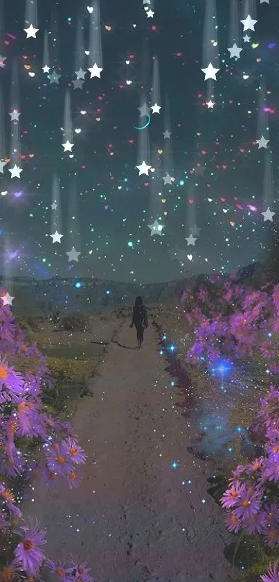 Enchanting path under a starry, flower-filled sky