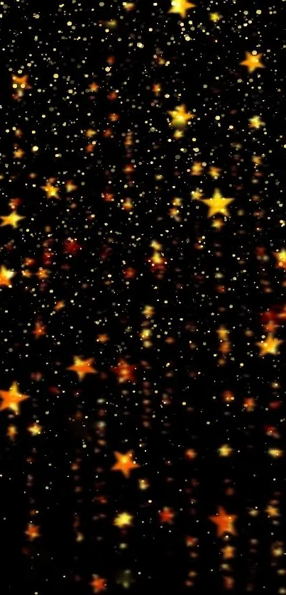 Glittering starry night wallpaper featuring golden stars on a black background.