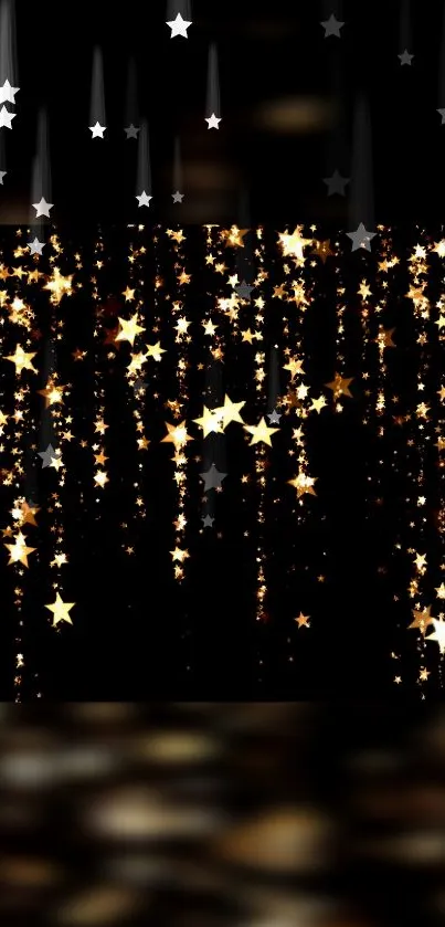 Mobile wallpaper with cascading gold and silver stars on a black background.