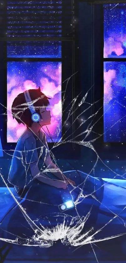 Boy with headphones gazing at a star-filled night sky through a window.