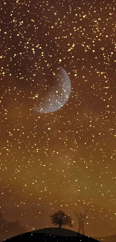 Starry night mobile wallpaper with crescent moon and brown sky.