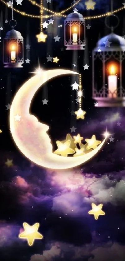 Mobile wallpaper featuring a crescent moon and stars with lanterns in a night sky.