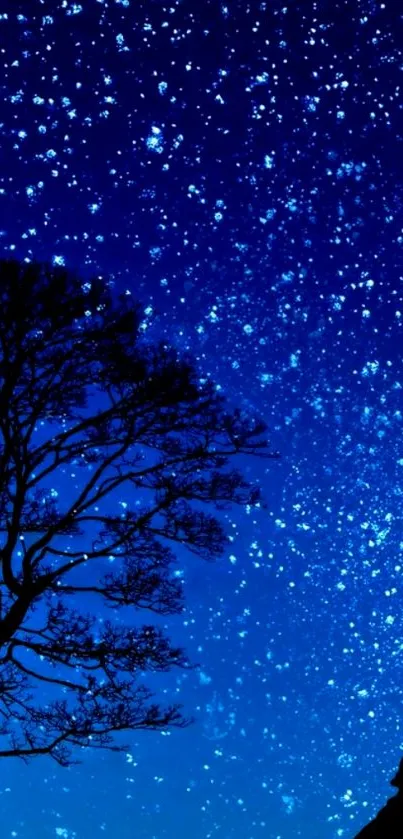 Silhouette of tree and wolf under starry night sky wallpaper.