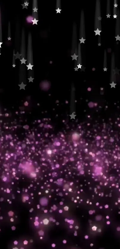 Starry night wallpaper with purple sparkles and silver stars on a dark background.