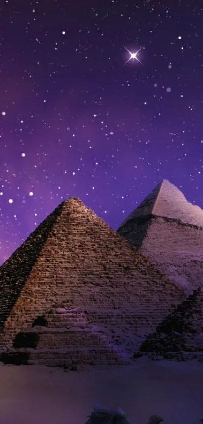 Mystical pyramids under a starry purple night sky wallpaper.