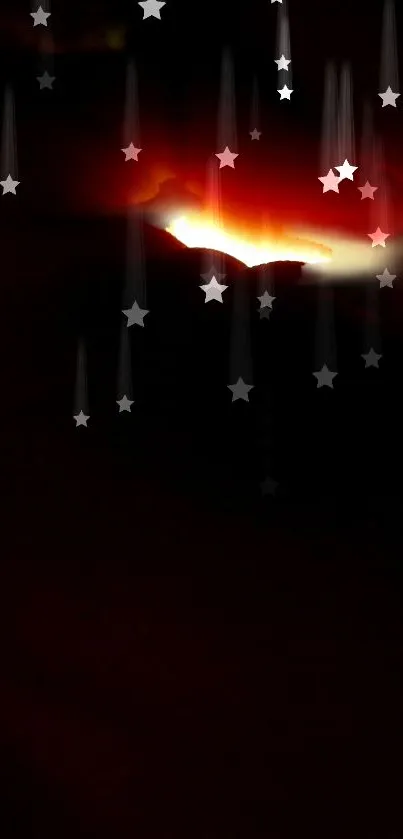 Mobile wallpaper with red glow and falling stars over a dark background.