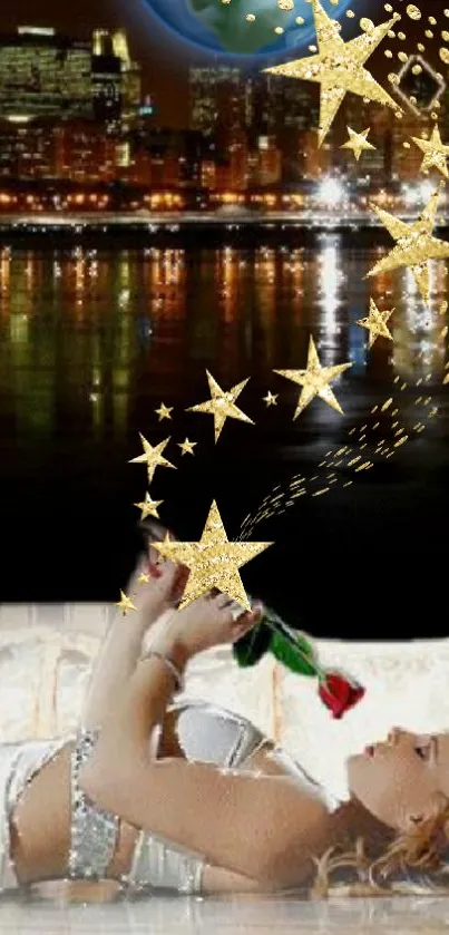 Woman with rose under starry night sky by cityscape reflection.