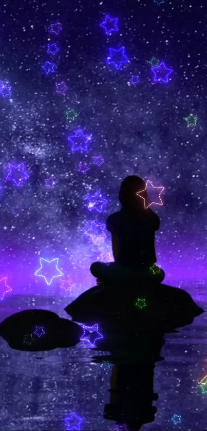 Silhouette by water under a purple starry sky with neon stars.