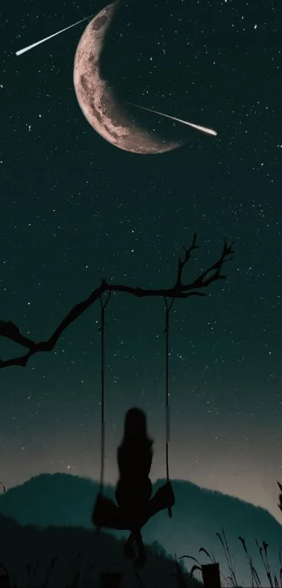 Silhouette of a girl on a swing under a crescent moon and starry night sky.