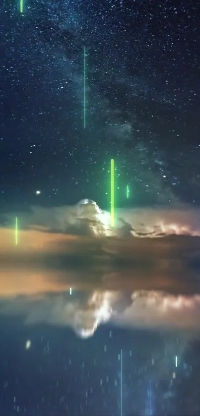Sailboat under a starry night sky, reflecting on calm water.