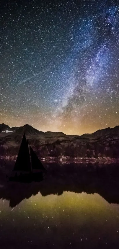 A starry night reflects over a calm mountain lake.