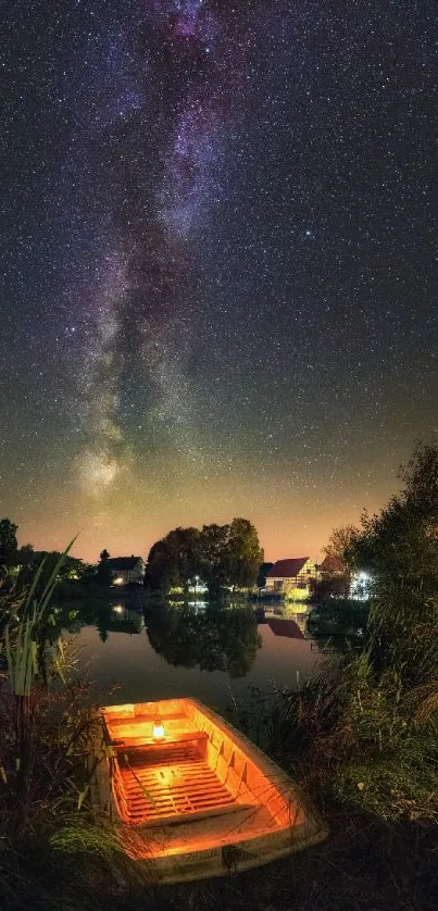 Starry night sky with Milky Way reflecting on a tranquil lake and illuminated dock.