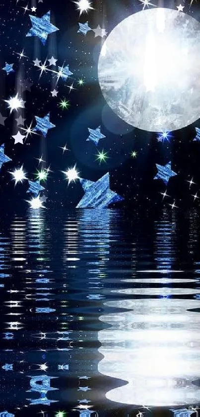 Celestial wallpaper with moon and stars reflecting on water surface.