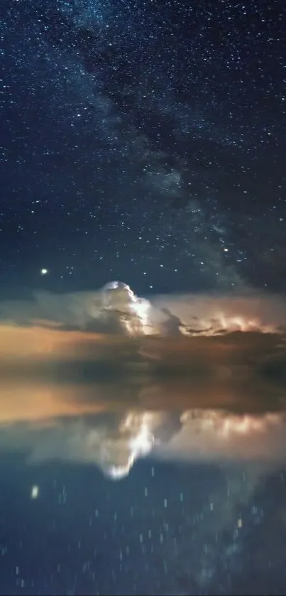 Starry night sky reflecting on a calm lake.