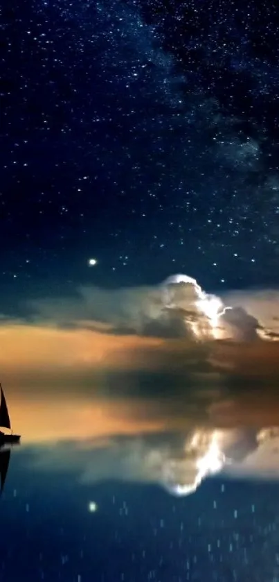 Sailboat under starry sky reflected on serene waters at night.