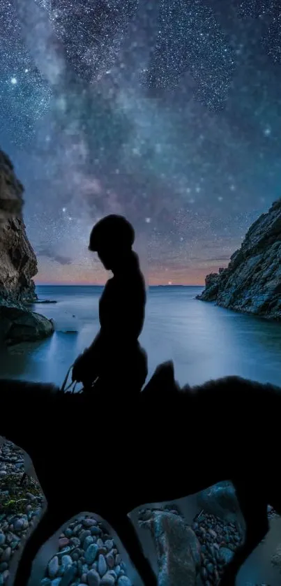 Silhouette of a rider under starry night sky by ocean cliffs.