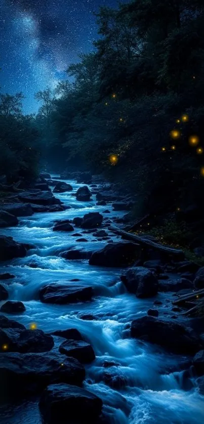 Starry night river with fireflies and trees in a serene landscape.