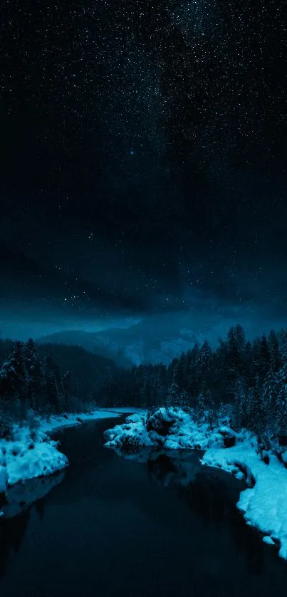 Starry night over a peaceful river landscape with snow banks.