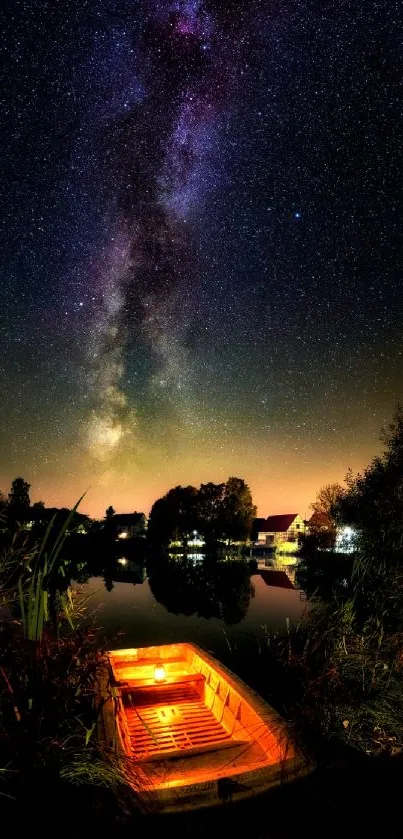 Starry night sky over a tranquil river with a glowing boat in the foreground.