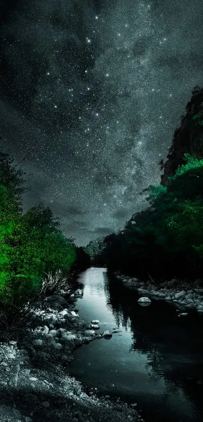 A serene river under a starry night sky with lush green surroundings.