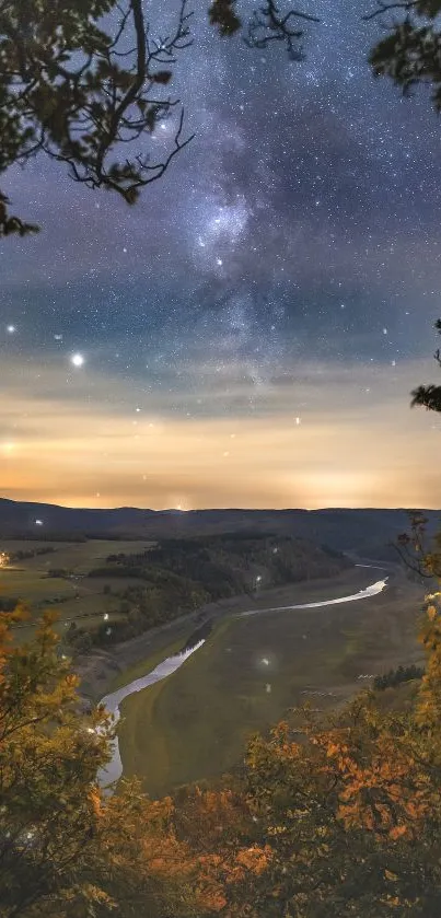 Starry night sky over a scenic river landscape.