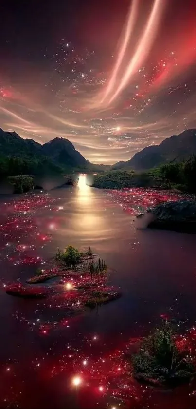 Starry night scene with glowing river and vibrant sky wallpaper.