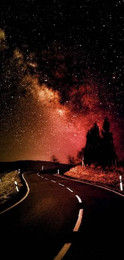 Night road under a vibrant starry sky.