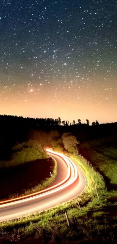 Winding road under a starry night sky.