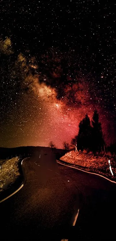 Starry night road with dark red sky backdrop.