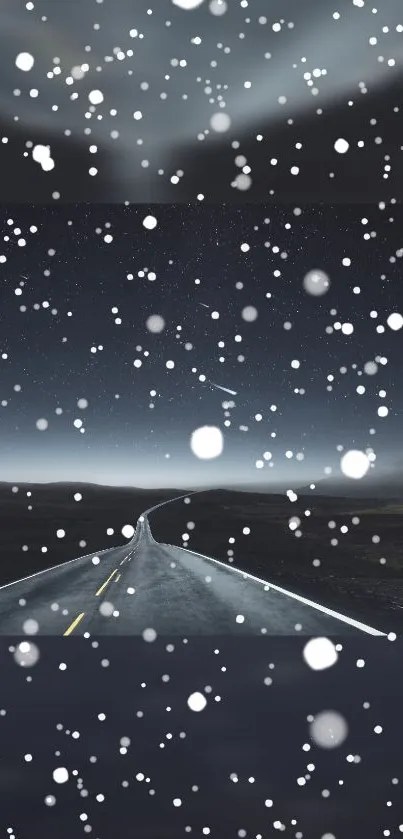 Starry road with falling snow at night.