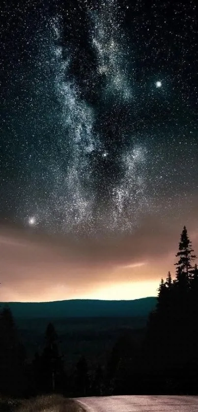 Starry night sky over a road through a forest.