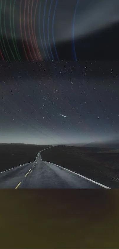 A road leading into a dark starry night with trails across the sky.