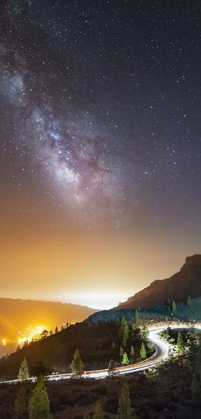 Scenic night road under a starry sky with glowing horizons.