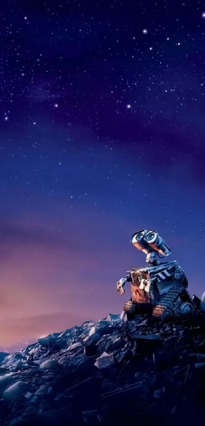 A lonely robot sits under a starry night sky with a galaxy background.